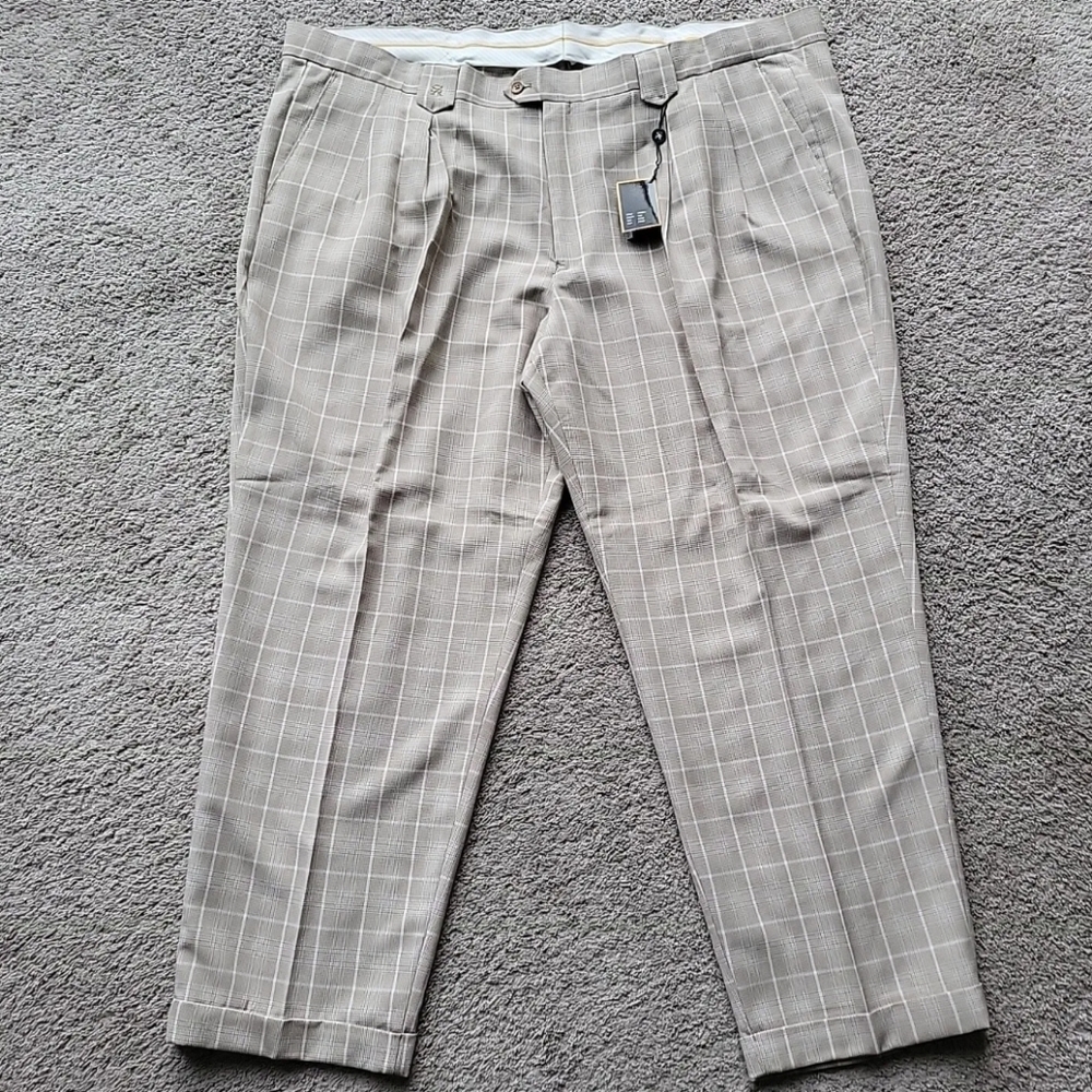 Stacy Adams Men's Dress Pants Size 60 (W55xL32) Beige Plaid Pleated Cuffed NWT